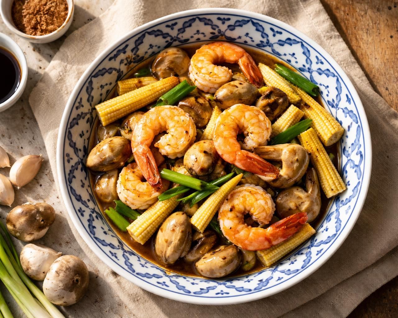 Stir-fried Shrimp with Baby Corn and Mushrooms